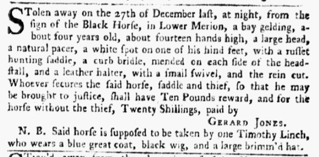 An article about Timothy Linch, Pennsylvania Gazette newspaper article 23 January 1753