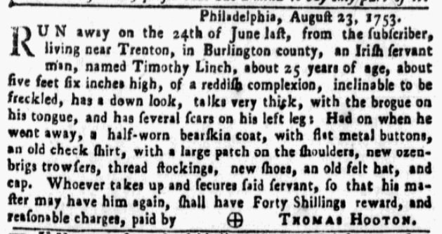 An article about Timothy Linch, Pennsylvania Gazette newspaper article 23 August 1753