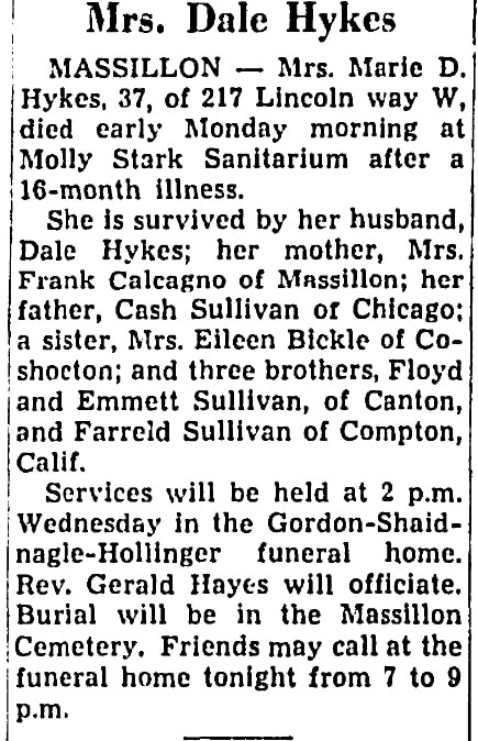 An obituary for Marie Hykes, Repository newspaper article 23 August 1949