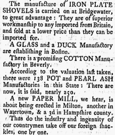 An article about the Beverly cotton mill, Salem Mercury newspaper article 6 January 1789