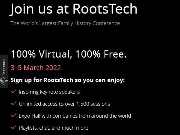 A screenshot taken from FamilySearch’s RootsTech website.