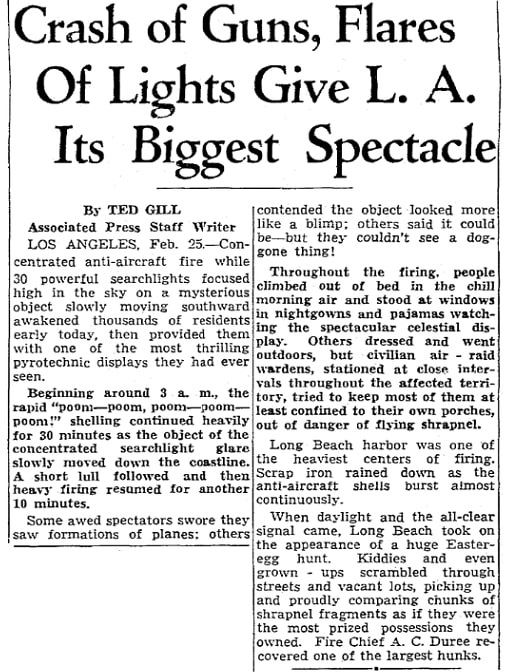 An article about what civilians experienced during the "Battle of L.A.," Seattle Daily Times newspaper article 25 February 1942