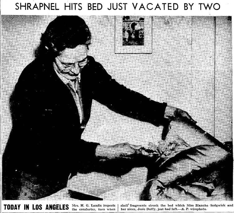 A photo of a bed damaged from shrapnel during the "Battle of L.A.," Seattle Daily Times newspaper article 25 February 1942