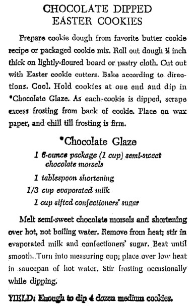 A recipe for chocolate-dipped cookies, Times Record News newspaper article 7 April 1966