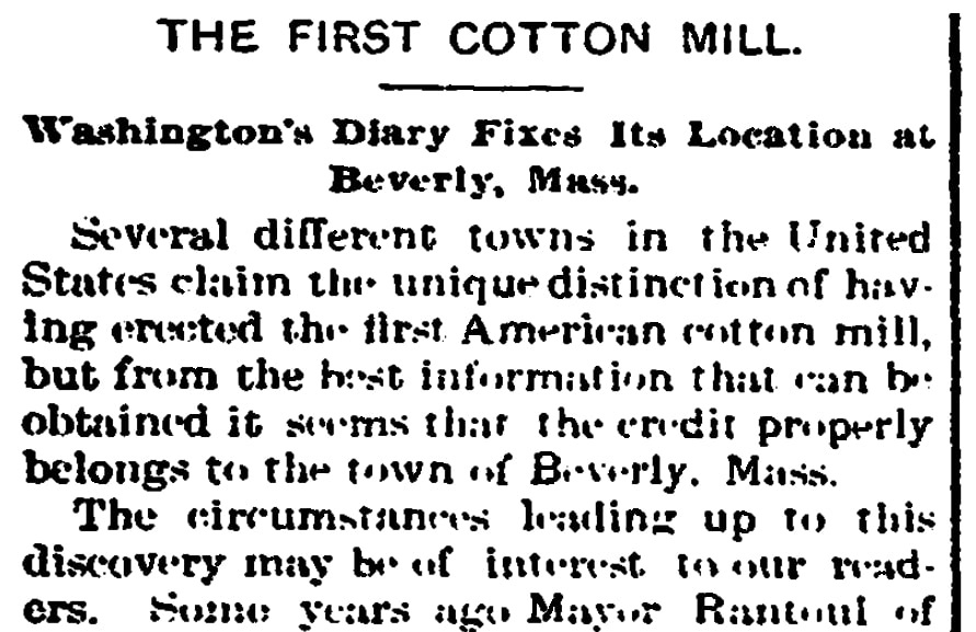 An article about the Beverly cotton mill, Trenton Evening Times newspaper article 10 September 1898