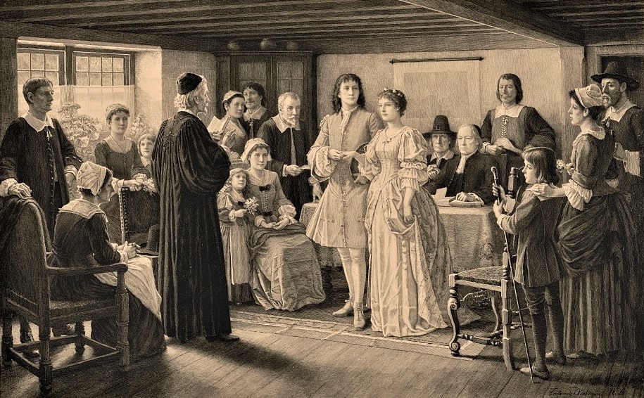 Illustration: the marriage of Dr. Francis LeBaron and Mary Wilder, Plymouth, 1695. Frederick Dielman R.A. Credit: Library of Congress, Prints and Photographs Division.