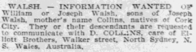 A "Missing Friends" ad, Irish World newspaper article 15 February 1902