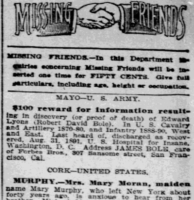 A "Missing Friends" ad, Irish World newspaper article 1 April 1905