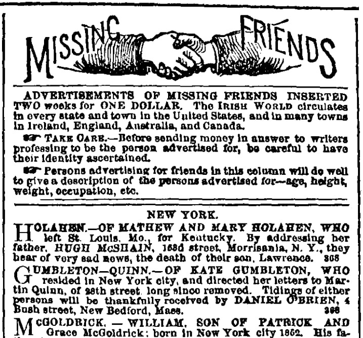 A "Missing Friends" ad, Irish World newspaper article 22 September 1877