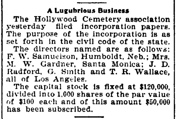 An article about Hollywood Cemetery, Los Angeles Daily Herald newspaper article 18 February 1897