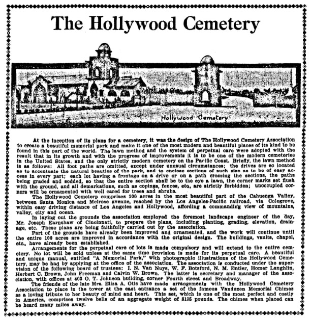 An article about Hollywood Cemetery, Los Angeles Daily Herald newspaper article 3 September 1905