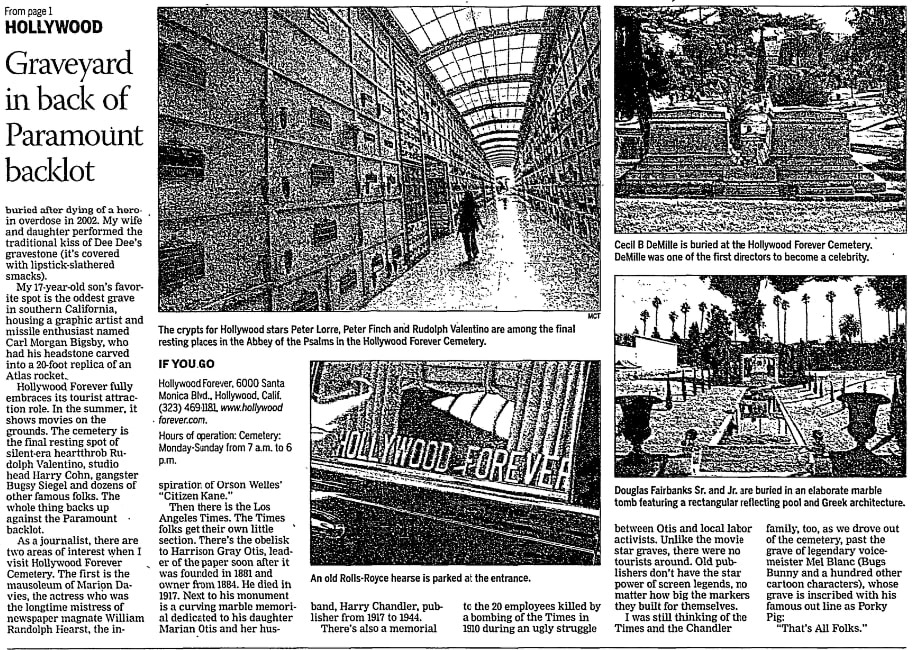 An article about Hollywood Forever Cemetery, Milwaukee Journal Sentinel newspaper article 14 November 2010