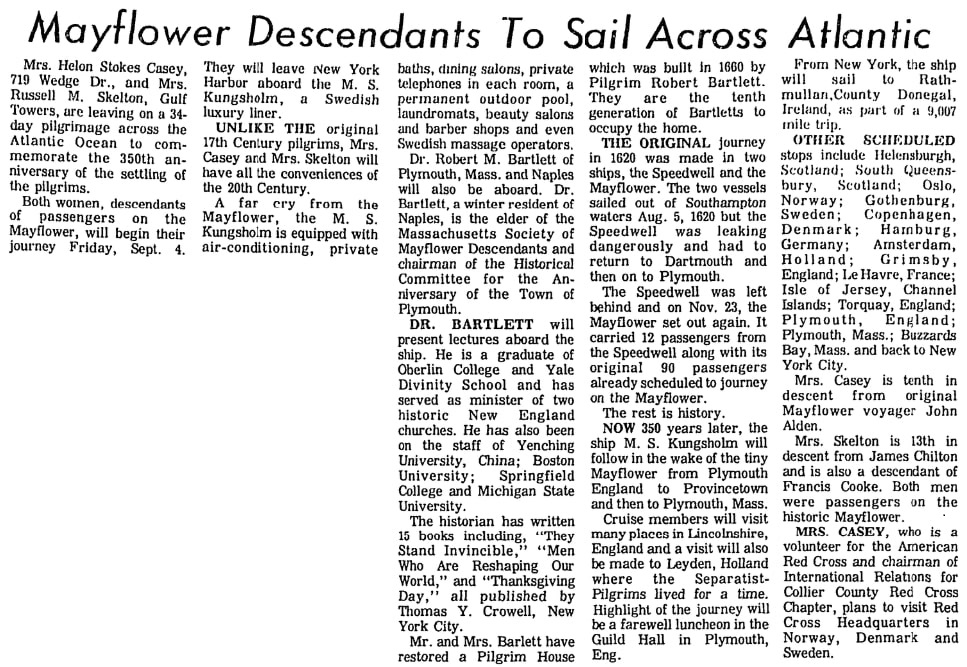 An article about Mayflower descendant Robert Bartlett, Naples Daily News newspaper article 28 August 1970