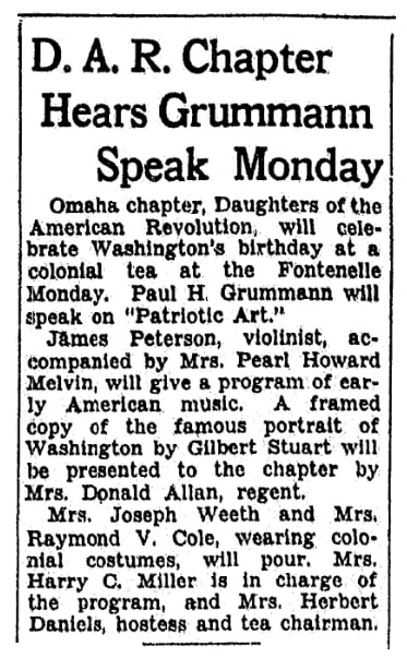 An article about the Daughters of the American Revolution, Omaha World-Herald newspaper article 21 February 1932