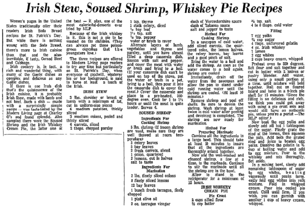 Irish recipes for St. Patrick's Day, Patriot Ledger newspaper article 15 March 1972