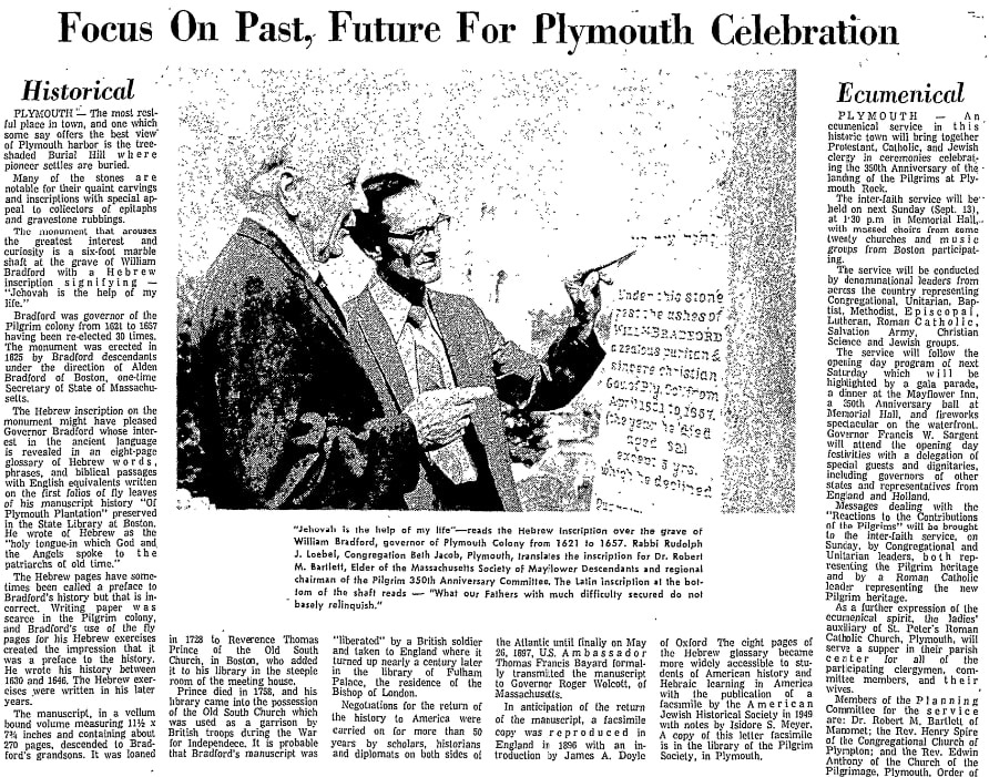 An article about celebrating the Pilgrims in Plymouth, Patriot Ledger newspaper article 5 September 1970