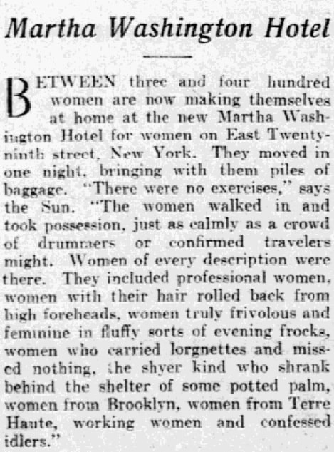 An article about the Martha Washington Hotel, Philadelphia Inquirer newspaper article 25 March 1903