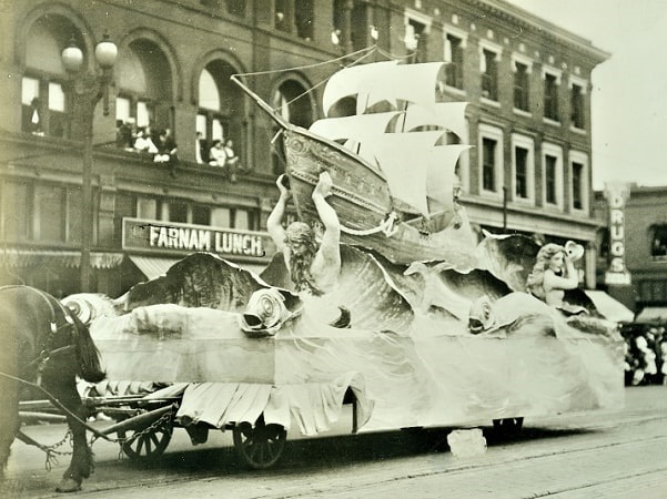 Photo: "Mayflower" float from the 1920 "Pilgrims Pageant" parade in Omaha, Nebraska, sponsored by Carl Raymond Gray and Associate Officials of the Union Pacific Railroad. From the Louis R. Bostwick Collection, Folder RG 3147. Courtesy of the Nebraska Historical Society.