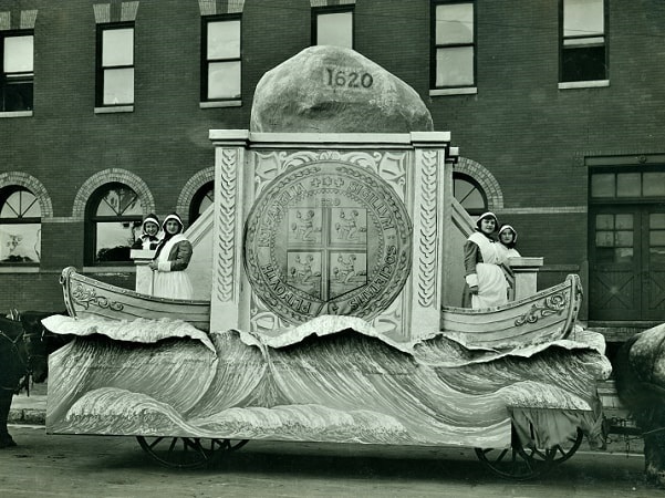 Photo: Plymouth Rock float from the 1920 “Pilgrims Pageant” parade in Omaha, Nebraska, sponsored by the Omaha Clearing House. From the Louis R. Bostwick Collection, RG 3147. Courtesy of the Nebraska Historical Society.