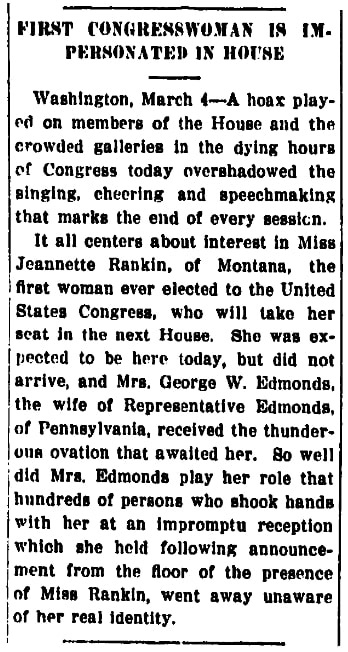 An article about Jeannette Rankin, Public Ledger newspaper article 6 March 1917