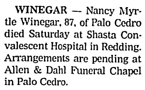 An article about Nancy Winegar, Record Searchlight newspaper article 15 February 1999