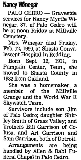 An article about Nancy Winegar, Record Searchlight newspaper article 18 February 1999