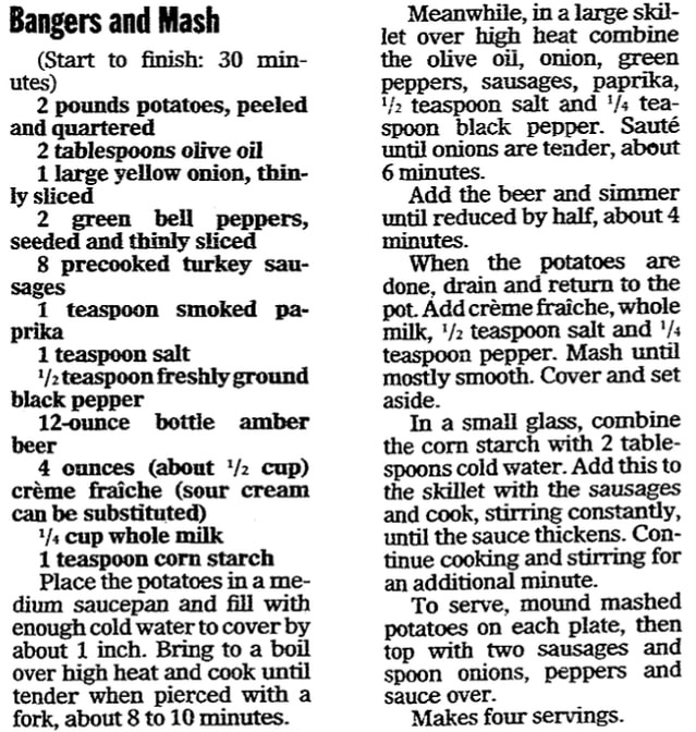 A bangers and mash recipe for St. Patrick's Day, Register Star newspaper article 11 April 2007