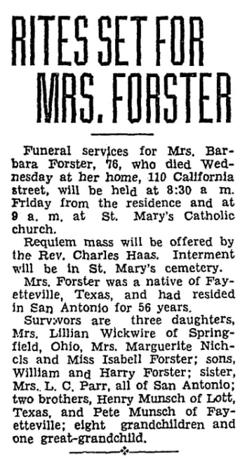 An article about Barbara Forster, San Antonio Light newspaper article 11 September 1941