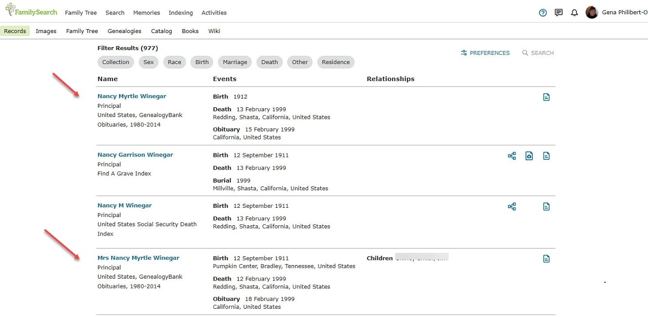 Screenshot: results list for search on Nancy Winegar in FamilySearch. Credit: FamilySearch.