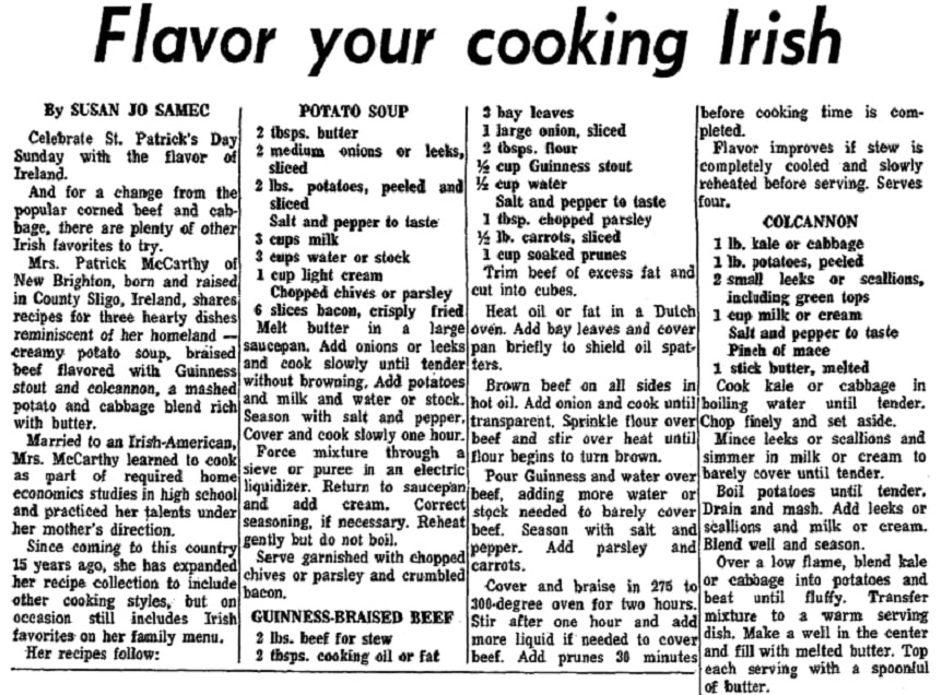 Irish recipes for St. Patrick's Day, Staten Island Advance newspaper article 13 March 1974