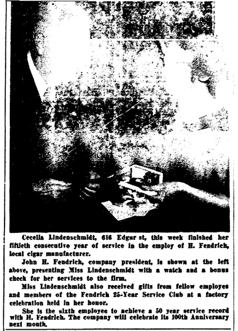 An article about the the H. Fendrich Cigar Company, Evansville Courier and Press newspaper article 12 March 1950
