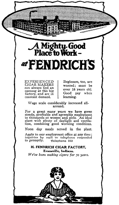 An ad from the the H. Fendrich Cigar Company, Evansville Courier and Press newspaper article 21 March 1920