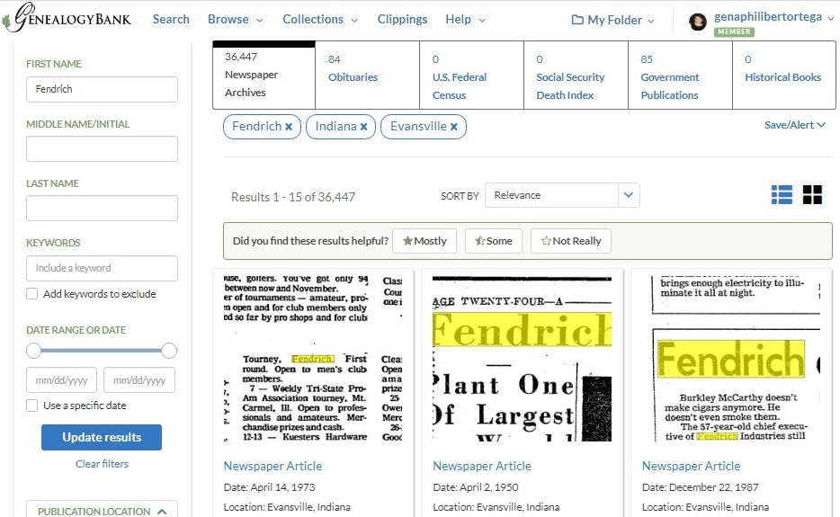 A screenshot of GenealogyBank's search page showing 36,000 results for a search on "Fendrich"