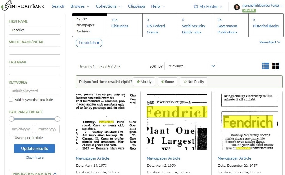 A screenshot of GenealogyBank's search page showing 57,000 results for a search on "Fendrich"