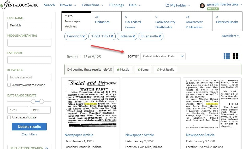 A screenshot of GenealogyBank's search page showing 9,000 results for a search on "Fendrich"