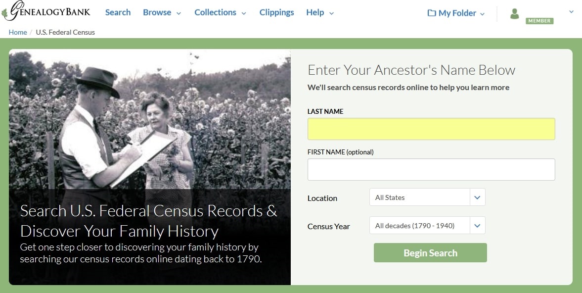 A screenshot of GenealogyBank's search page for its U.S. Census collection