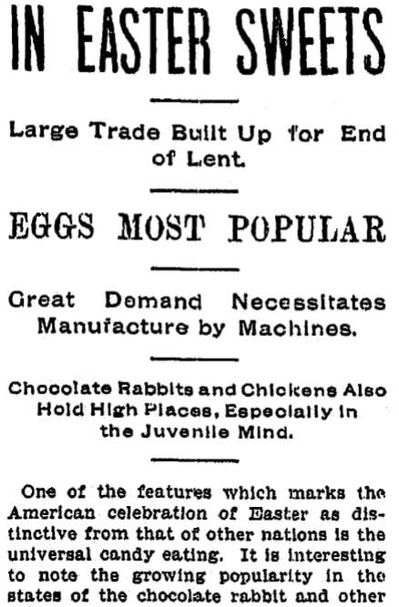 An article about Easter chocolate bunnies, Grand Rapids Press newspaper article 22 March 1902