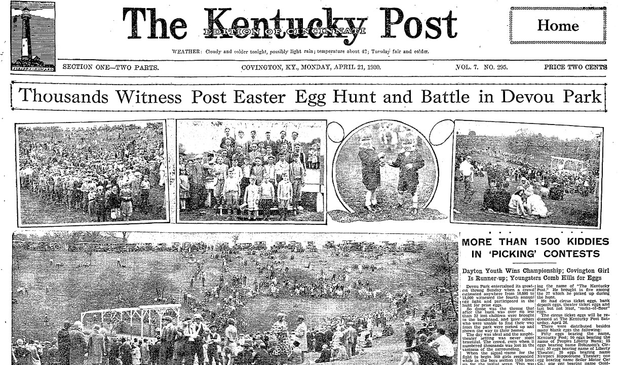 Photos of an Easter egg hunt, Kentucky Post newspaper article 21 April 1930