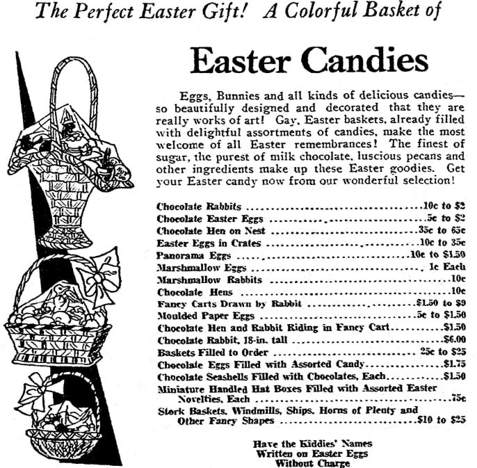 An article about Easter chocolate bunnies, New Orleans States newspaper article 5 April 1928