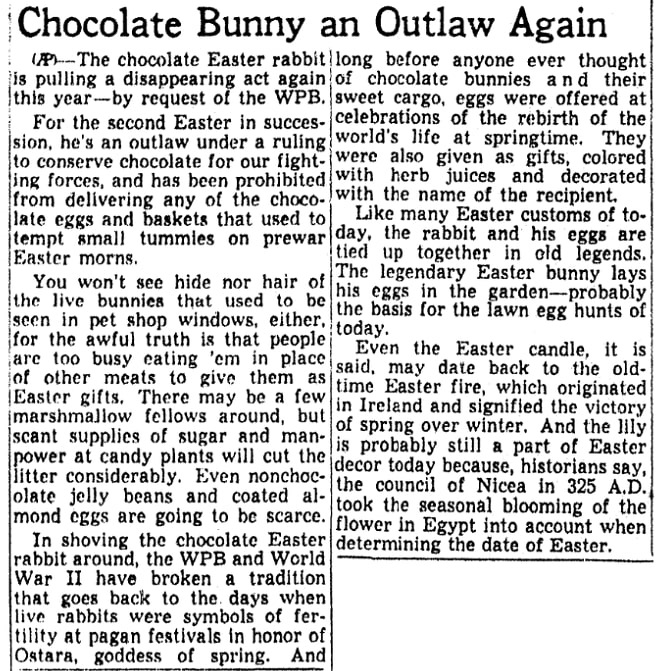 An article about Easter chocolate bunnies, Omaha World-Herald newspaper article 12 March 1944