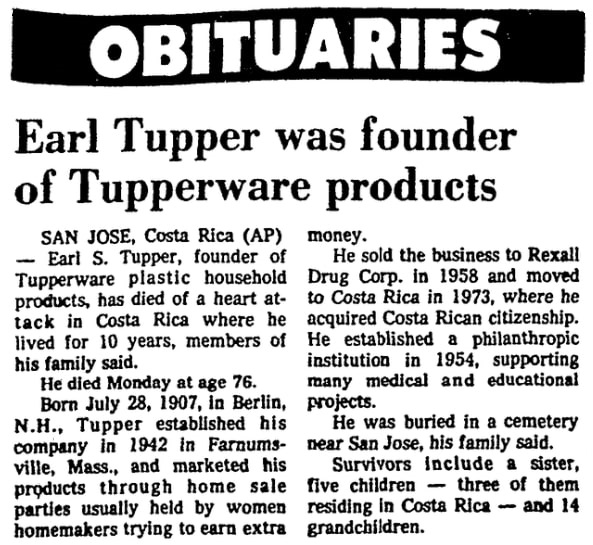 An obituary for Earl Tupper, San Antonio Light newspaper article 6 October 1983
