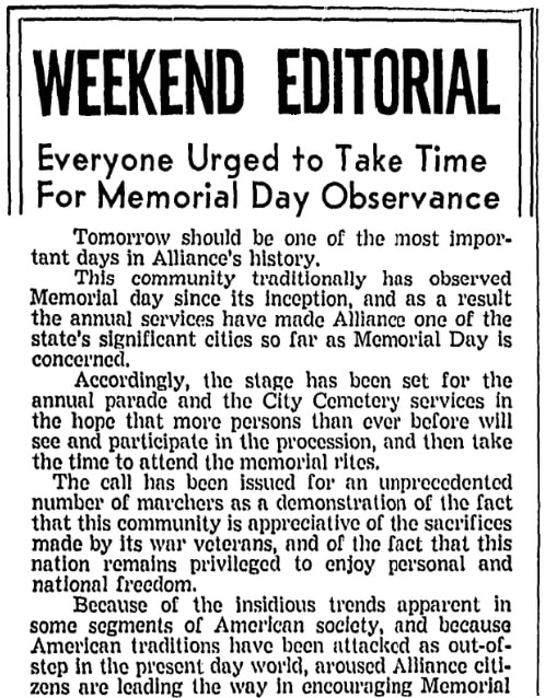 An article about Memorial Day, Alliance Review newspaper article 29 May 1970