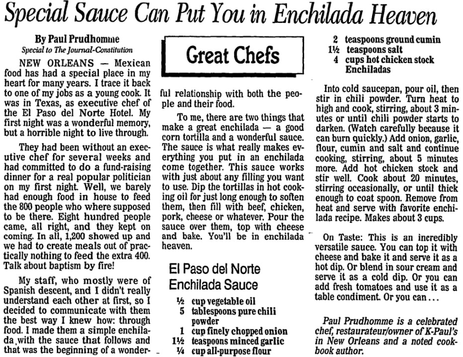 An enchilada recipe, Atlanta Journal newspaper article 21 September 1988