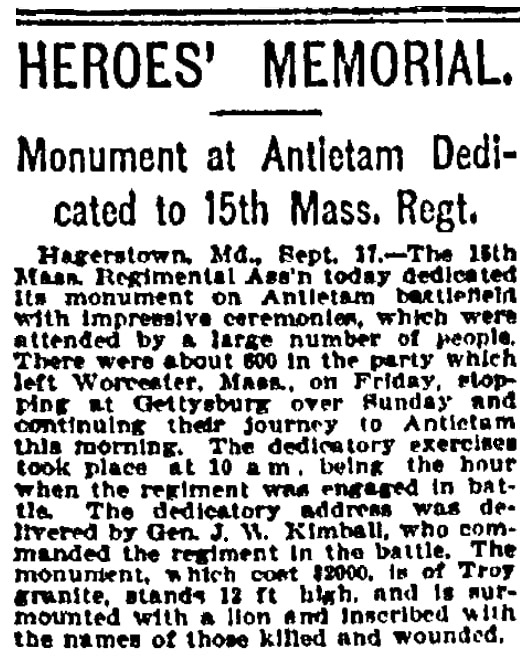 An article about a Civil War monument at Antietam battlefield, Boston Daily Advertiser newspaper article 18 September 1900