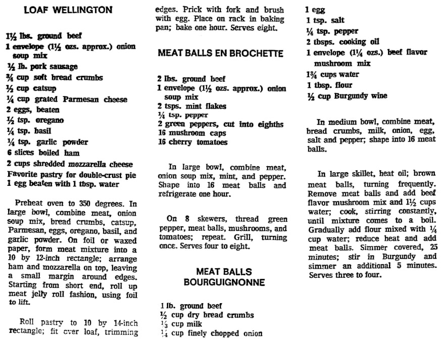 Meat ball recipes, Boston Herald newspaper article 2 November 1972