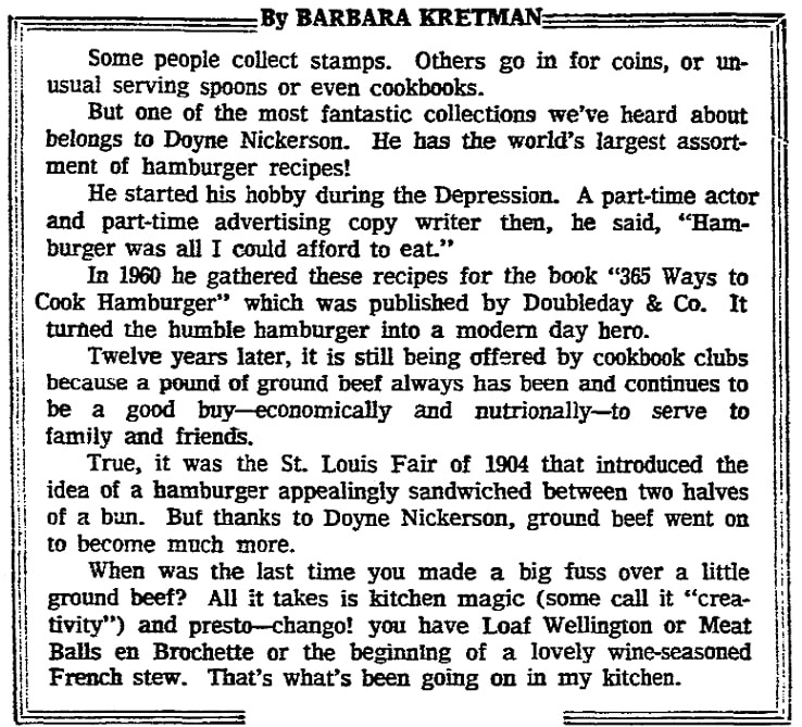 An article about Doyne Nickerson's hamburger cookbook, Boston Herald newspaper article 2 November 1972