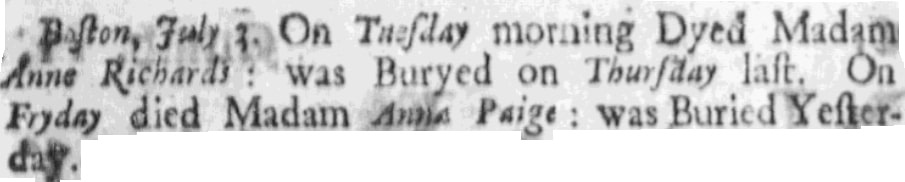 Obituaries, Boston News-Letter newspaper article 3 July 1704