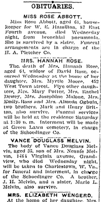 Obituaries, Columbus Dispatch newspaper article 30 December 1920