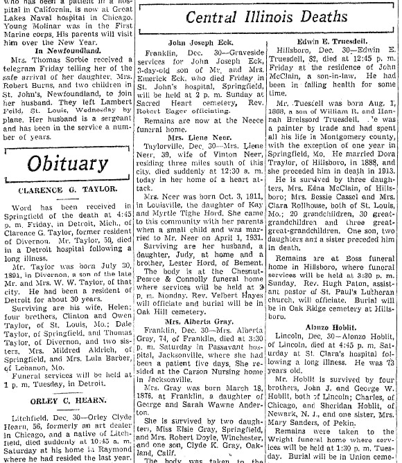 Obituaries, Daily Illinois State Journal newspaper article 31 December 1950