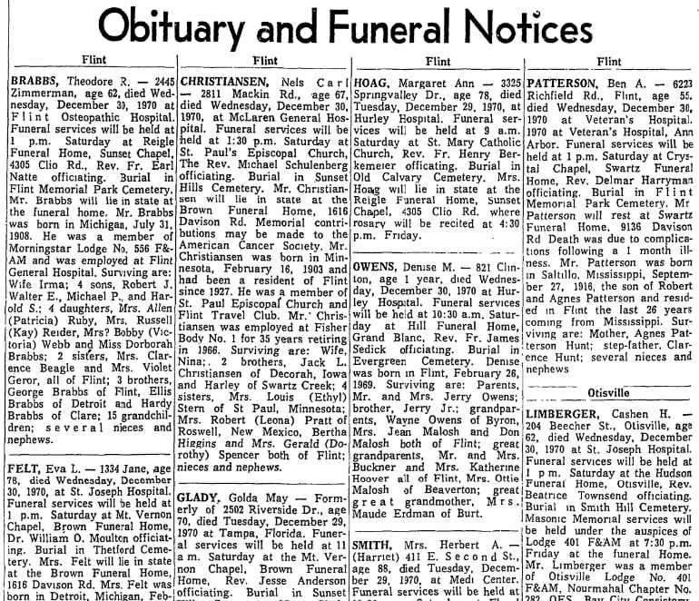 Obituaries, Flint Journal newspaper article 31 December 1970